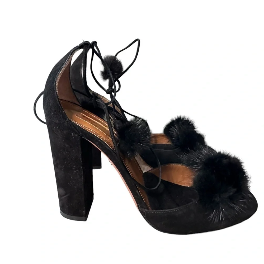 Aquazzura | Black Suede Wild Russian D'Orsay Pom Pom Ankle Wrap Pumps Size 37